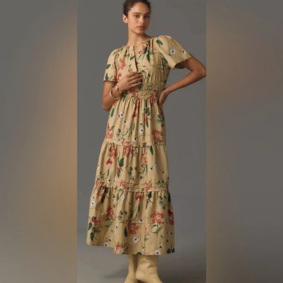 Anthropologie Tan Floral Maxi Dress - Picture 3 of 4
